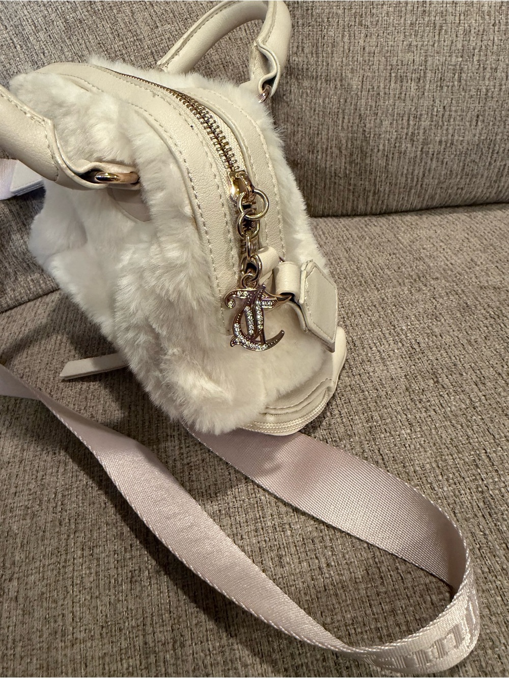 Juicy Couture Ivory Faux Fur Mini Satchel with Logo Strap & Mini Pouch - Picture 6 of 9